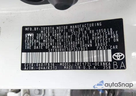 2016 Toyota Corolla Le Plus из США, поврежденный, VIN 5YFBURHE1GP537901